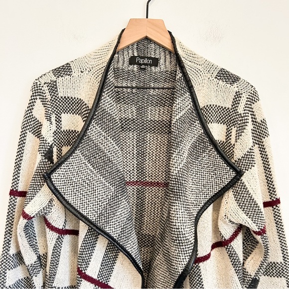 Papillon Plaid Waterfall Open Cardigan Sweater Cream Size M - Picture 2 of 8